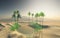 3D desert oasis landscape with palm trees