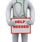 3d doctor holding help needed sign board