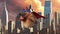 3D dog superhero flying over a city