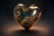 3D drawing of a modern heart shaped sculpture. Golden metallic alloy.