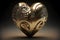 3D drawing of a modern heart shaped sculpture. Golden metallic alloy.