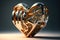 3D drawing of a modern heart shaped sculpture. Golden metallic alloy. Generative AI.