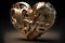 3D drawing of a modern heart shaped sculpture. Golden metallic alloy. Generative AI.