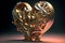 3D drawing of a modern heart shaped sculpture. Golden metallic alloy. Generative AI.