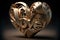 3D drawing of a modern heart shaped sculpture. Golden metallic alloy. Generative AI.