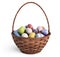 3D Easter basket filled with colorful eggs. Isolated