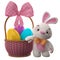 3D easter bunny, merry cartoon rabbit, animal character with easter eggs in wicker basket