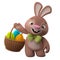 3D easter bunny, merry cartoon rabbit, animal character with easter eggs in wicker basket