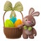 3D easter bunny, merry cartoon rabbit, animal character with easter eggs in wicker basket