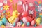 3D Easter colorful collection of Bunnies, Chickens, Easter Eggs, Floral in modern flat style for creating greeting cards