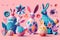 3D Easter colorful collection of Bunnies, Chickens, Easter Eggs, Floral in modern flat style for creating greeting cards