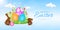 3d easter egg, chocolate bunny. Happy sweet sugar rabbit, holiday flowers and candy, cute dessert decoration. Blue sky