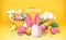 3D easter eggs, spring greeting. Wallpaper with flowers, clouds and bunny ears. Abstract summer paper. Web banner