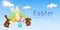 3d easter podium, eggs and chocolate rabbits, clouds in blue sky background. Greeting card, flower scene for spring sale