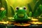 3D effect of cute frog squatting on the lotus leaf and croaking animation style