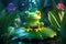 3D effect of cute frog squatting on the lotus leaf and croaking animation style