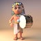 3d Egyptian cartoon Cleopatra Tutankhamun character playing a bass drum, 3d illustration