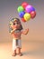 3d Egyptian Cleopatra Tutankhamun character holding party balloons, 3d illustration