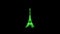 3D Eiffel Tower on black background. Object consisting of green flickering particles. Science concept. Abstract bg for