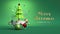 3d endless animation. Merry Christmas greeting card with golden text and decorated fir tree toy, isolated on green background.