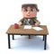 3d Explorer kid sits at a desk