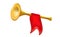 3d Fanfare gold trumpet. Realistic icon with red flag isolated glossy wind musical instrument sign, decoration for holiday on