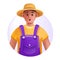 3D farmer avatar icon, vector young gardener, cartoon male character, smiling face, sun hat overalls.