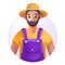 3D farmer avatar icon, young gardener, cartoon vector male character, smiling face, sun hat overalls.