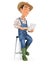 3d farmer sitting on stool with laptop