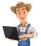 3d farmer standing and holding laptop