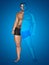 3D fat overweight vs slim fit with muscles young man on diet on blue background