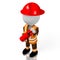 3D fireman holding fire extinguisher, white background