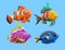 3d fish. Cartoon anemonefish characters, isolated aquarium animals, tropical summer clownfish. Decorative aquarium