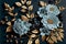 3d floral craft wallpaper. golden, dark, sky-blue and yellow flowers in a light background. for room wall decor