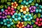 3d floral pattern colorful wallpaper background. green leaves, golden, purple, red, and turquoise flowers