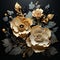 3d Flower Art With Gold Leaves On Black Background