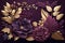 3d flowers and leaves ornate background in dark plum, violet and gold, floral botanical wallpaper