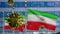 3D, Flu coronavirus floating over Iranian flag. Iran and pandemic Covid 19