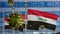 3D, Flu coronavirus floating over Iraqi flag. Iraq and pandemic Covid 19