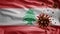 3D, Flu coronavirus floating over Lebanese flag. Lebanon and pandemic Covid 19