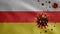 3D, Flu coronavirus floating over Ossetian flag. South Ossetia pandemic Covid 19