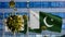 3D, Flu coronavirus floating over Pakistani flag. Pakistan and pandemic Covid 19