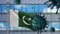 3D, Flu coronavirus floating over Pakistani flag. Pakistan pandemic Covid 19