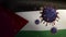 3D, Flu coronavirus floating over Palestinian flag. Palestine Covid 19