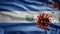 3D, Flu coronavirus floating over Salvadorean flag. Salvador and pandemic Covid 19