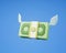 3D Flying stack of money on blue background
