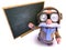 3d Funny cartoon airline pilot character standing at a blackboard