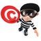 3d Funny cartoon burglar thief character holding a copyright symbol