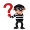 3d Funny cartoon burglar thief character holding a question mark symbol