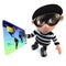 3d Funny cartoon burglar thief character paying with a credit card